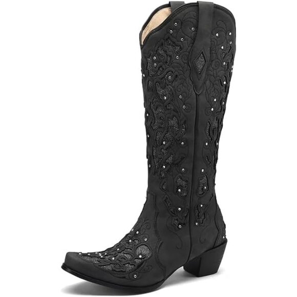 Women Black Pointed Toe Pull On Rhinestones Chunky Heel Knee High Western Boots - Picture 1 of 7